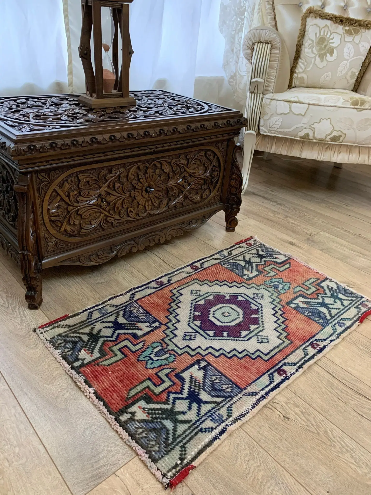 Vintage 1.7x2.7 ft Rug, Small Turkish Rug, Red Blue Bordered Wool Rug - 1