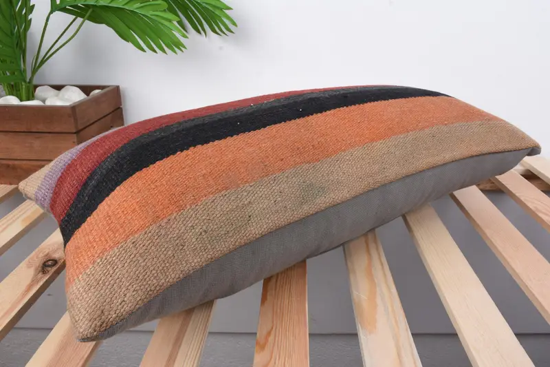 Handmade Kilim Cushion, Gift Pillow, Kilim Pillow Cover, 12x24 Orange Cushion Case, Cushion Case, Morroccon Kilim Cushion Pillow Cover - 6