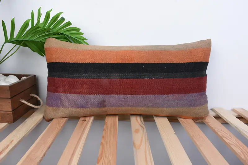 Handmade Kilim Cushion, Gift Pillow, Kilim Pillow Cover, 12x24 Orange Cushion Case, Cushion Case, Morroccon Kilim Cushion Pillow Cover - 1