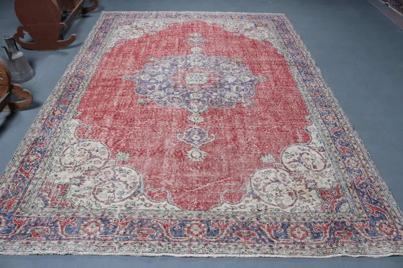 Türk Büyük Boy Halı 7.1x10.1 ft (216x308 cm), Oushak Kırmızı Soyut Vintage Halı - 1