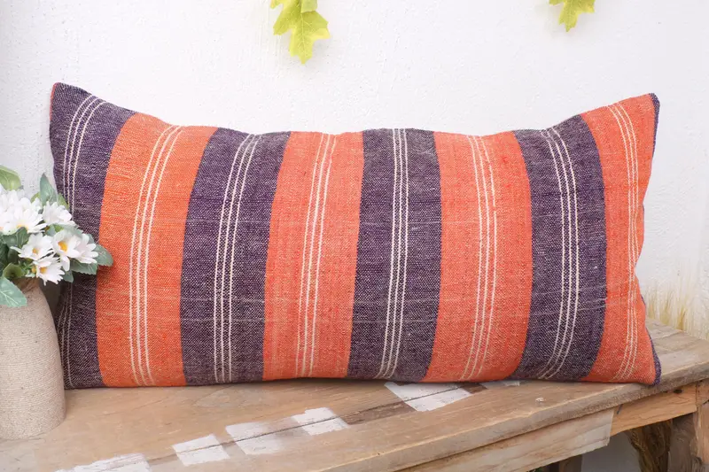 Throw Kilim Pillow, Natural Pillow, Authentic Cushion Cover, Turkish Pillow, Pillow for Sofa, Cushion, 12x24 Orange Pillow Sham - 4