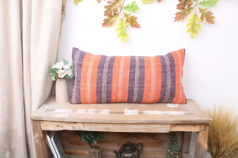 Throw Kilim Pillow, Natural Pillow, Authentic Cushion Cover, Turkish Pillow, Pillow for Sofa, Cushion, 12x24 Orange Pillow Sham - 1