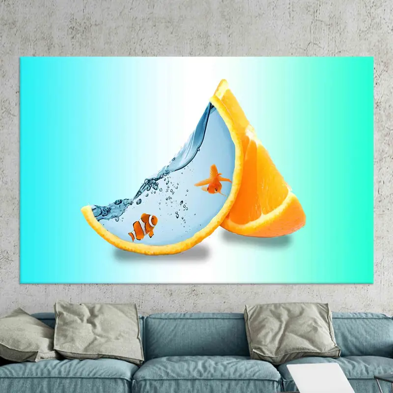 Trendy Abstract Aquarium Canvas: Vibrant Orange Fish Art Print