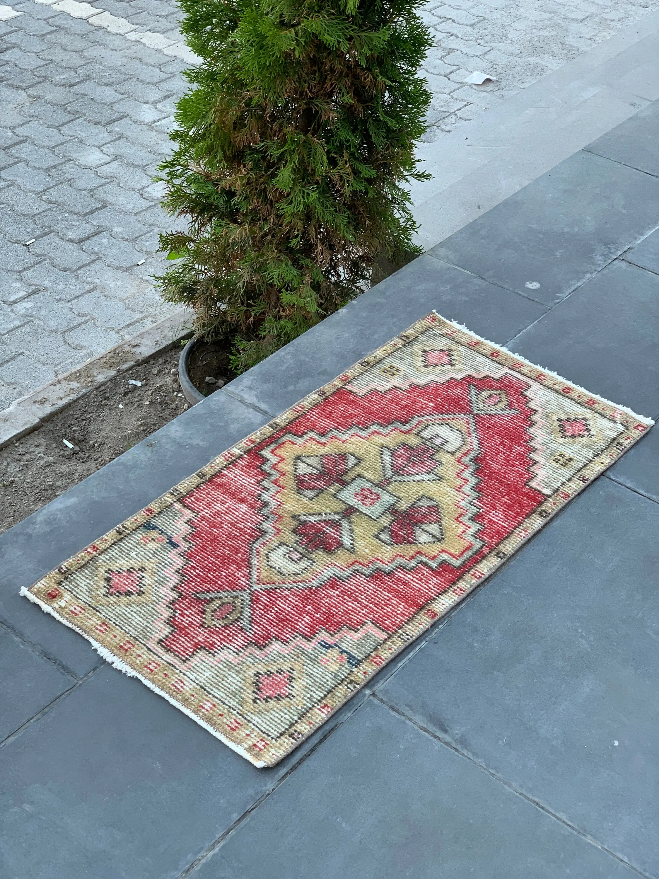 Turkish Vintage Rug, 1.6x3.1 ft Small Rug, Red Yellow Rug - 1