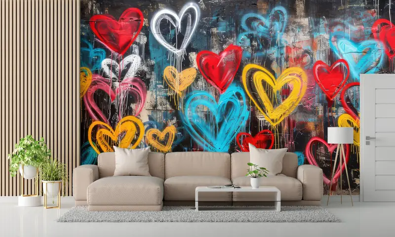 Love Graffiti Wall Decals, Hearts Graffiti Wall Art, Colorful Hearts Graffiti Mural, Graffiti Paper Art, Art Deco Wallpaper, - 2