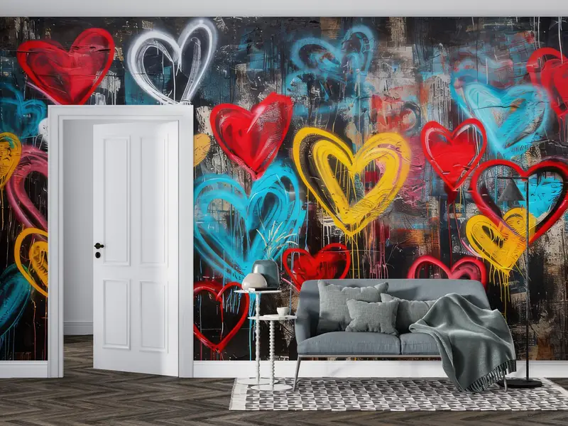 Love Graffiti Wall Decals, Hearts Graffiti Wall Art, Colorful Hearts Graffiti Mural, Graffiti Paper Art, Art Deco Wallpaper, - 7