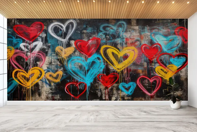Love Graffiti Wall Decals, Hearts Graffiti Wall Art, Colorful Hearts Graffiti Mural, Graffiti Paper Art, Art Deco Wallpaper, - 6