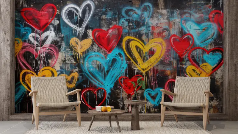 Love Graffiti Wall Decals, Hearts Graffiti Wall Art, Colorful Hearts Graffiti Mural, Graffiti Paper Art, Art Deco Wallpaper, - 8