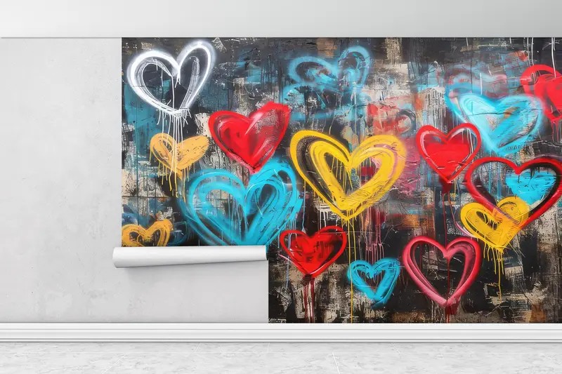 Love Graffiti Wall Decals, Hearts Graffiti Wall Art, Colorful Hearts Graffiti Mural, Graffiti Paper Art, Art Deco Wallpaper, - 1