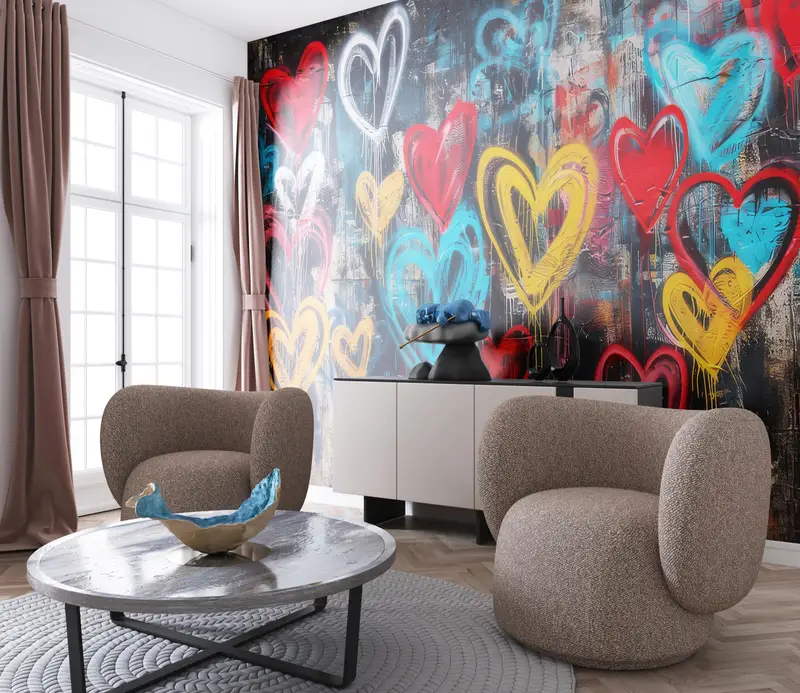 Love Graffiti Wall Decals, Hearts Graffiti Wall Art, Colorful Hearts Graffiti Mural, Graffiti Paper Art, Art Deco Wallpaper, - 3