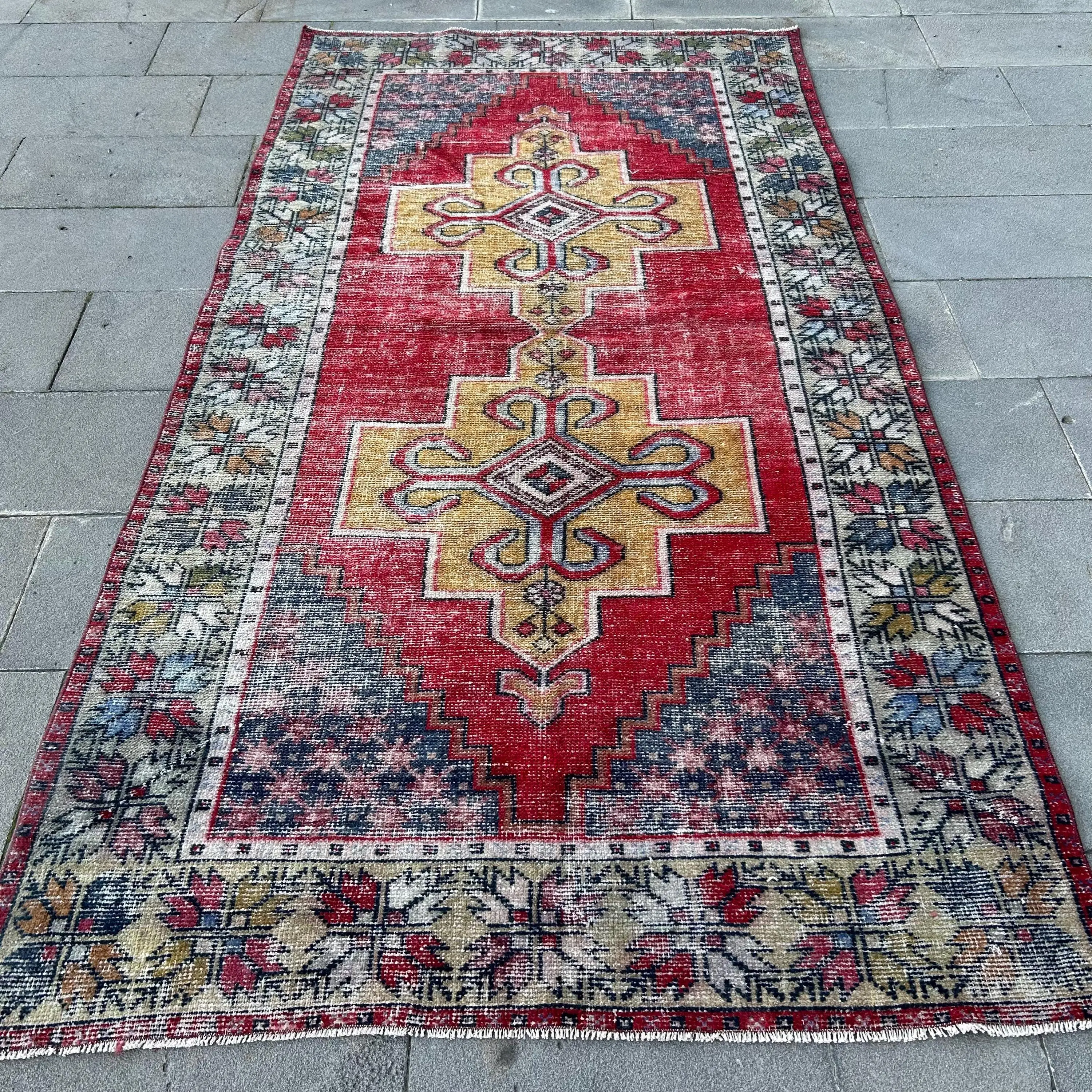 4,4x8,4 ft großer türkischer Teppich, Vintage-Teppich, rot-blauer massiver Wollteppich - 1