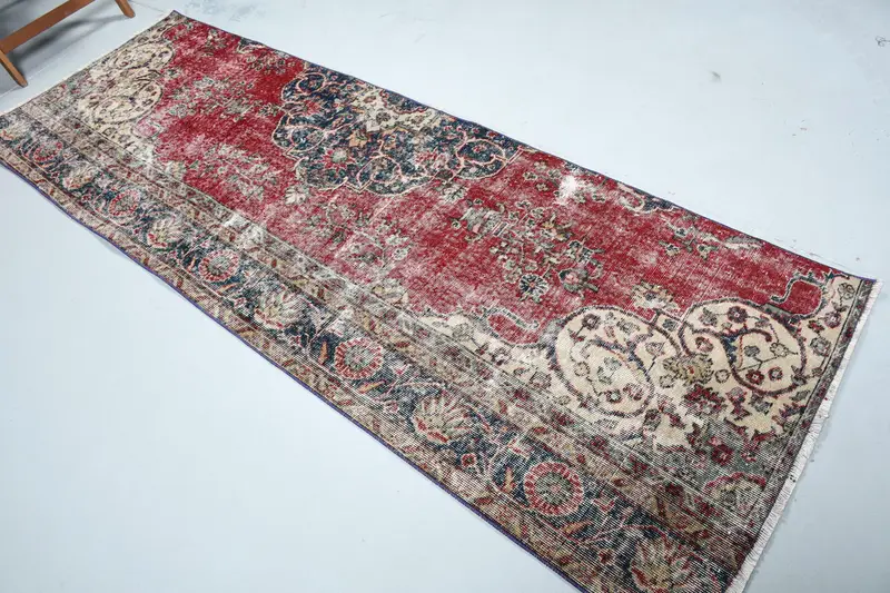 Vintage 3x8.4 ft Halı, Runner Türk Halısı, Kırmızı Mavi Çiçekli Halı - 1