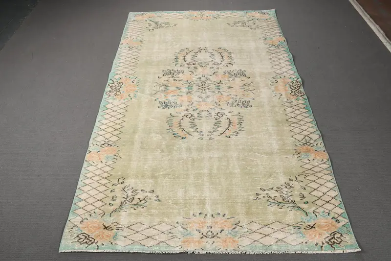 5.5x9.2 ft Large Vintage Turkish Rug, Green Striped Wool Rug - 1