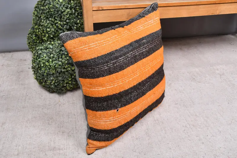 Ethnical Kilim Rug Pillow, Cushion Cover, Kilim Cushion Sham, Vintage Kilim Pillow, 20x20 Orange Pillow Sham, Tribal Cushion Case - 7