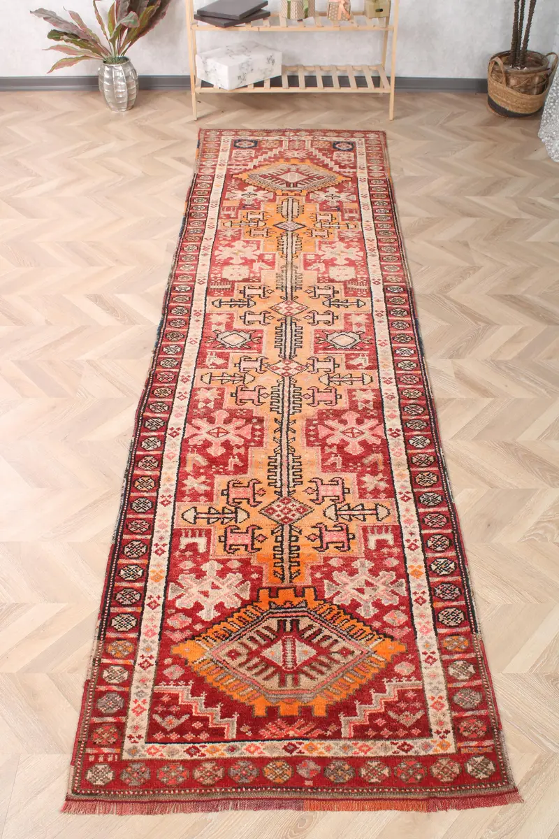 Türk Halısı, Yolluk 3x10.7 ft Vintage Halı, Kırmızı Turuncu Katı Yün Halı - 1