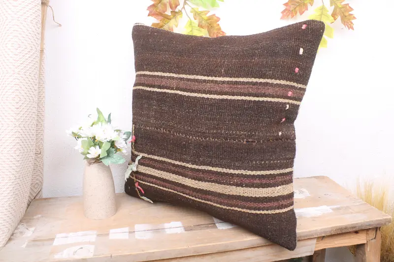 Home Decor Pillow, Turkish Kilim Pillow, Outdoor Bolster Pillow Sham, Pillow Case, 18x18 Brown Pillow Sham, Antique Pillows - 4