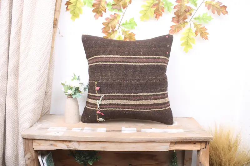 Home Decor Pillow, Turkish Kilim Pillow, Outdoor Bolster Pillow Sham, Pillow Case, 18x18 Brown Pillow Sham, Antique Pillows - 1