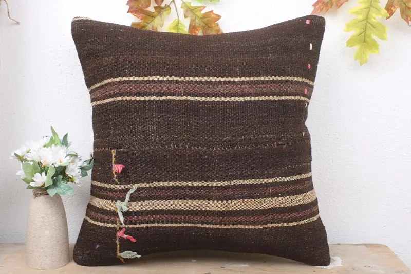 Home Decor Pillow, Turkish Kilim Pillow, Outdoor Bolster Pillow Sham, Pillow Case, 18x18 Brown Pillow Sham, Antique Pillows - 2