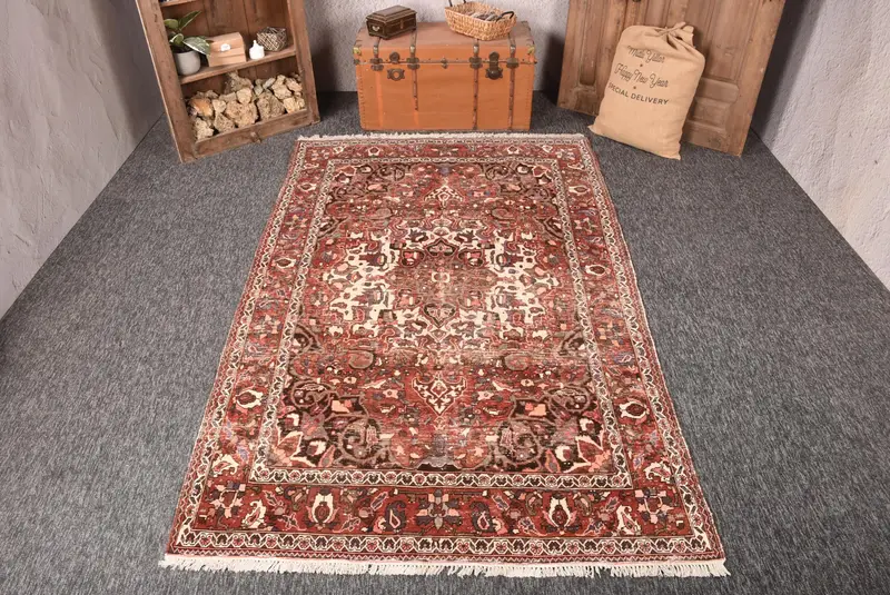 Türk Oushak Halısı 5.4x8.8 ft (166x268 cm), Kırmızı Çiçekli Vintage Halı - 1