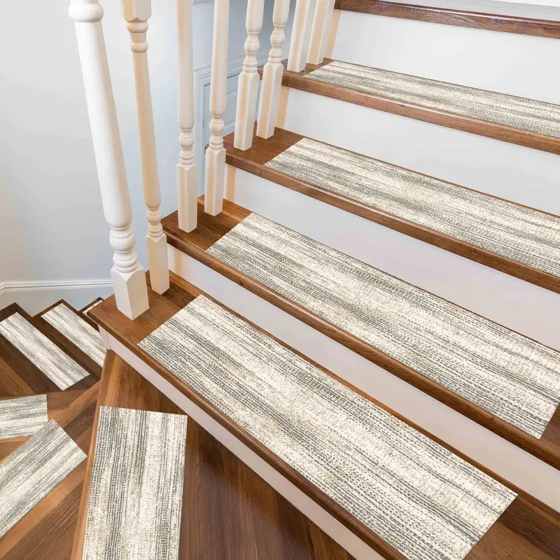 Beige Striped Printed Rug: Modern Stair Rug with Ethnic Pattern