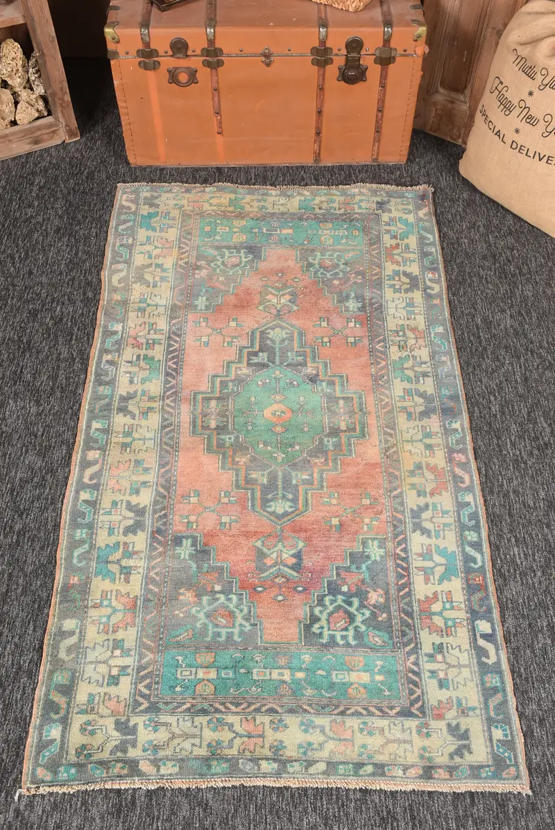3.4x6.4 ft Turkish Oushak Rug, Vintage Rug, Orange Geometric Wool Rug - 1