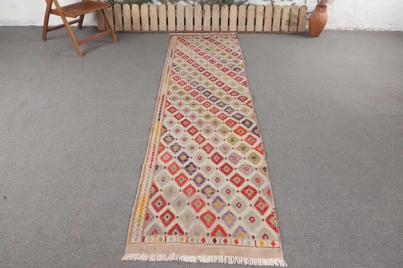 Handmade Blue & Red Rug, 2.7x10.1 ft Polka Dot