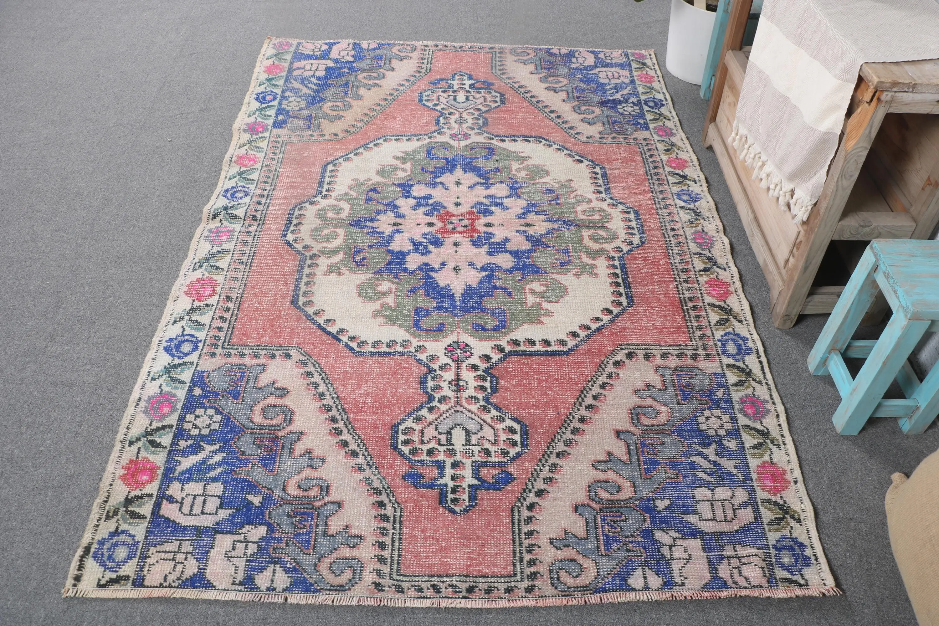 4.4x6.46 ft Vintage Rug, Red Animal Print Turkish Rug Wool - 1
