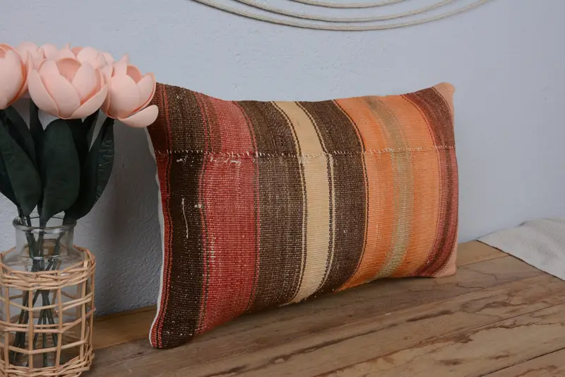 Pillow, Comfy Throw Cushion Case, Kilim Cushion Sham, Handmade Kilim Cushion, Nautical Throw Pillow, 12x20 Brown Pillow Sham, Vintage Kilim Pillow - 1
