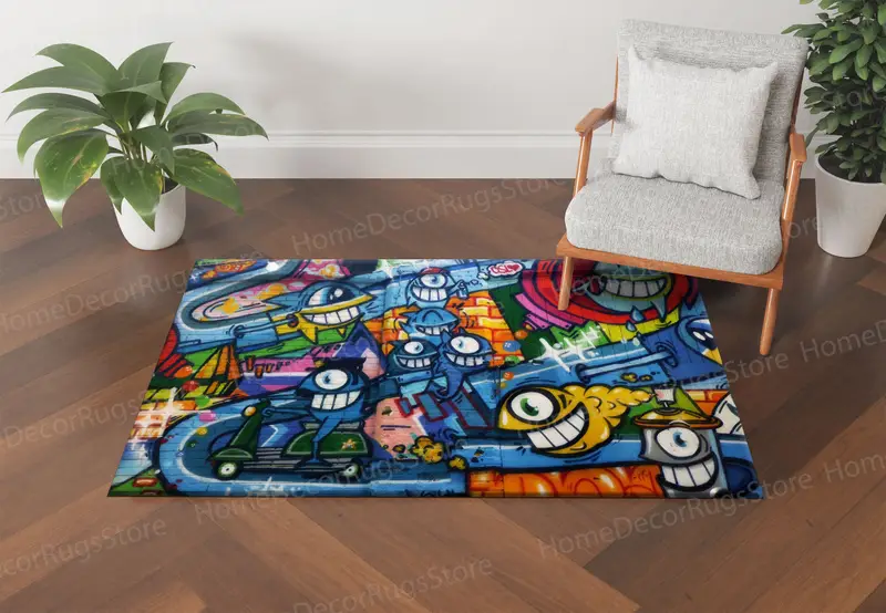 モダンな抽象的なグラフィティプリントラグ：鮮やかで現代的な室内装飾