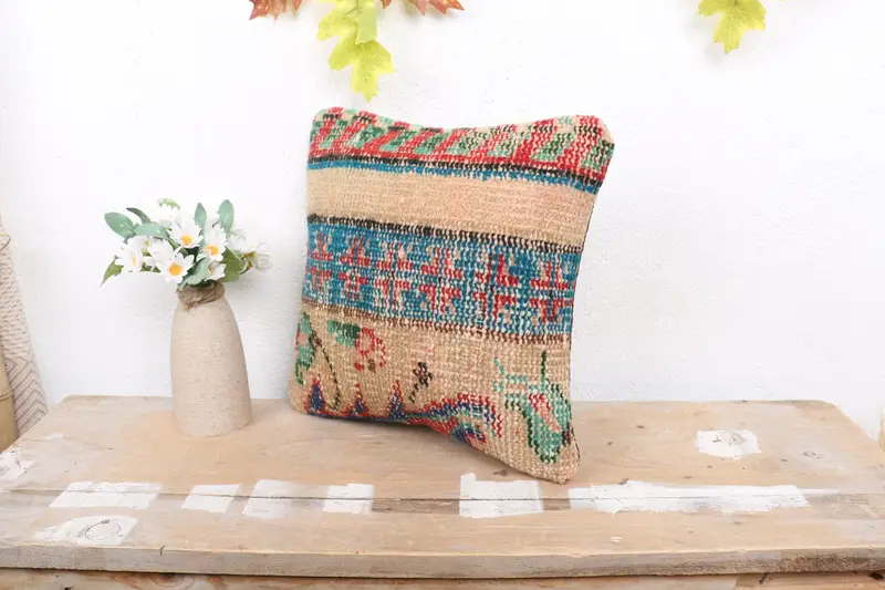 Kilim Pillow, 12x12 Blue Pillow Sham, Cushion Cover, Floor Cushion Case, Meditation Cushion Cover, Natural Pillow, Boho Pillow, Gift Pillow - 4