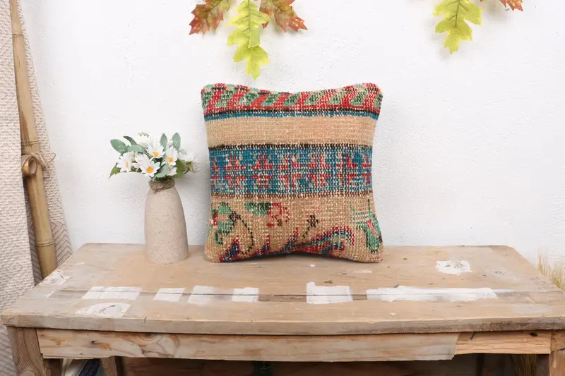 Kilim Pillow, 12x12 Blue Pillow Sham, Cushion Cover, Floor Cushion Case, Meditation Cushion Cover, Natural Pillow, Boho Pillow, Gift Pillow - 1