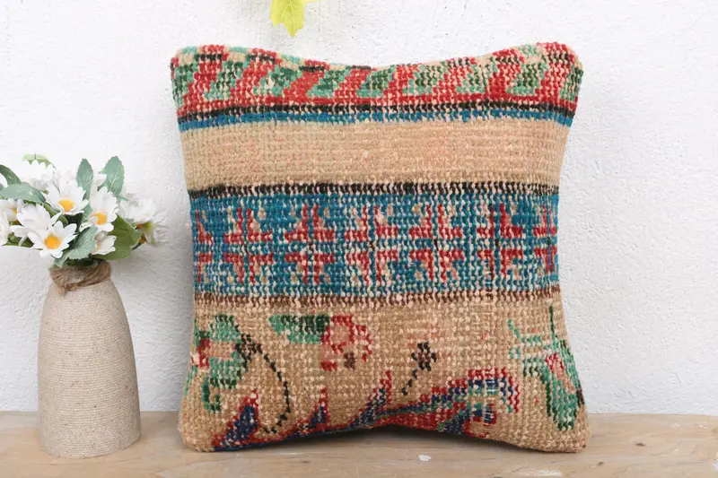 Kilim Pillow, 12x12 Blue Pillow Sham, Cushion Cover, Floor Cushion Case, Meditation Cushion Cover, Natural Pillow, Boho Pillow, Gift Pillow - 2