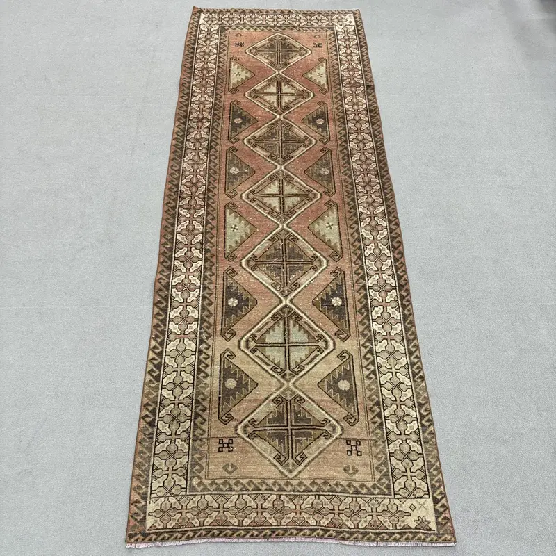 Vintage 2.9x11.1 ft Halı, Oushak Türk Halısı, Kahverengi Hayvan Baskı Halı Yün - 1