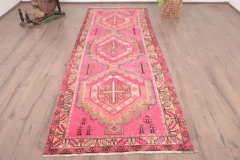 Türkischer Läuferteppich 3,4 x 9,4 Fuß, rot-blauer Tarnteppich aus Wolle - 1