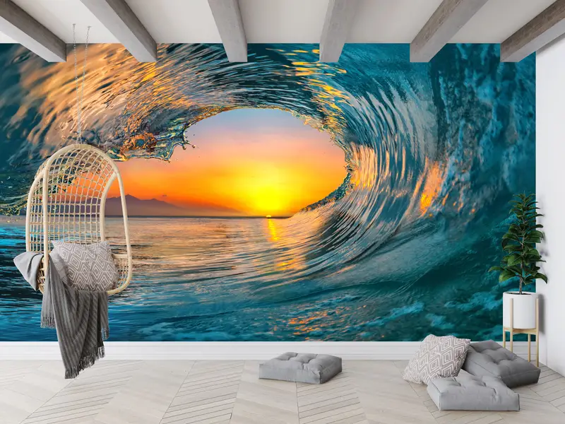 Papel pintado impreso con paisaje marino y olas del atardecer: decoración elegante de la naturaleza del océano
