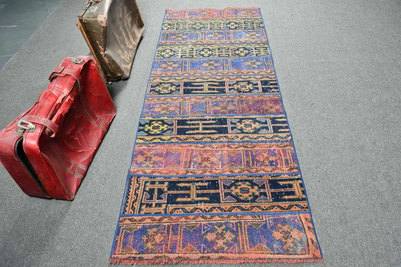 Türk Halısı, Yolluk 2.8x7.3 ft Vintage Halı, Mavi Patchwork Yün Halı - 1