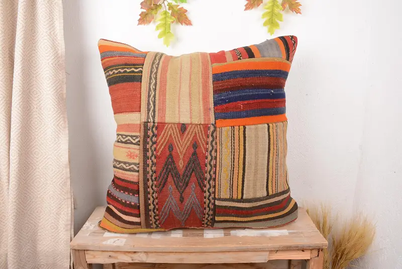 Orange & Red Patchwork Throw Pillow, 28x28 Handmade Linen Pillow