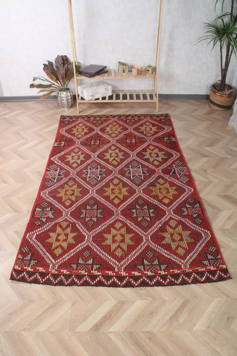 Turkish Rug, 4.7x7.9 ft Vintage Rug, Red Yellow Geometric Wool Rug - 1