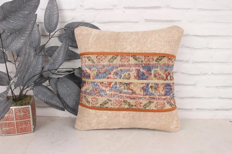 Boho Pillow Sham Cover, Boho Pillow, Turkish Pillow, 16x16 Blue Cushion Case, Floor Cushion Cover, Decorative Throw Cushion, Cushion Cover - 1