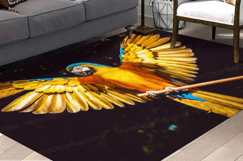 Moderner Teppich mit gelbem Papageien-Aufdruck: Elegantes, farbenfrohes Vogeldesign