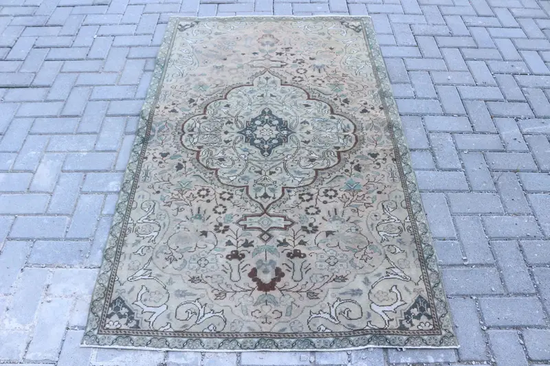3.5x5.6 ft Halı, Vintage Türk Vurgulu Halı, Mavi Oushak Yün Halı - 1