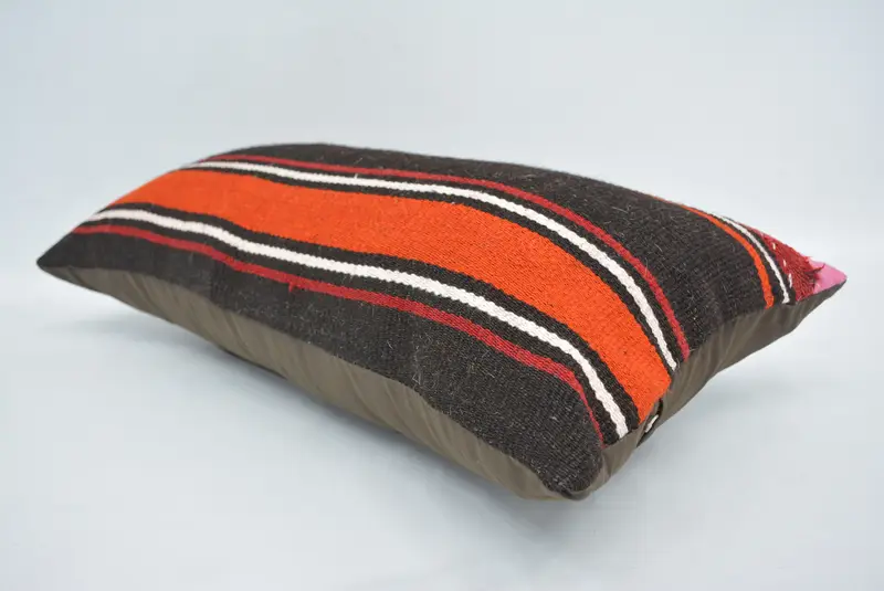 Throw Kilim Pillow, Authentic Cushion, Turkish Kilim Pillow, Turkish Corner Pillow Sham, Cushion Case, Handmade Kilim Cushion, 12x24 Orange Cushion - 6