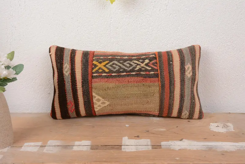 Braun & Beige 8x16 Patchwork Kissen, Vintage handgemachtes Wurfkissen