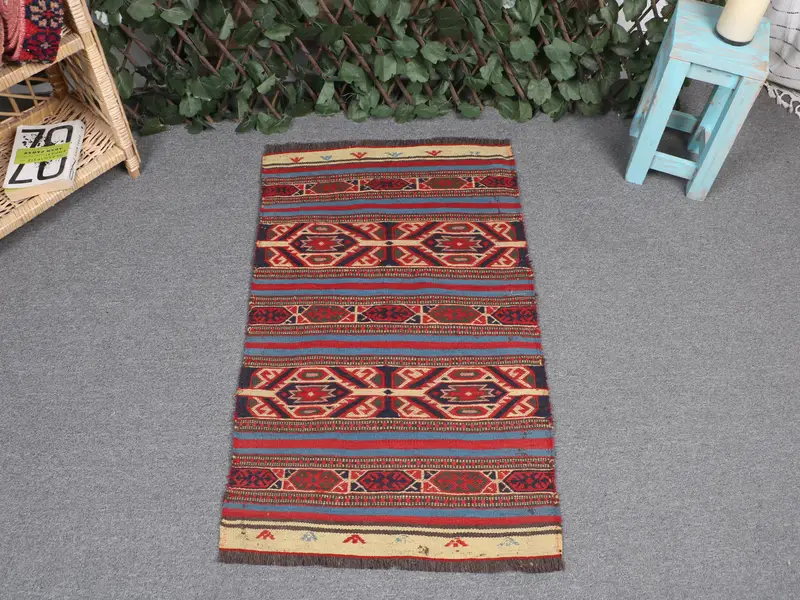 Red & Blue Rug, 1,9x3,2 ft Elegant Solid Pattern