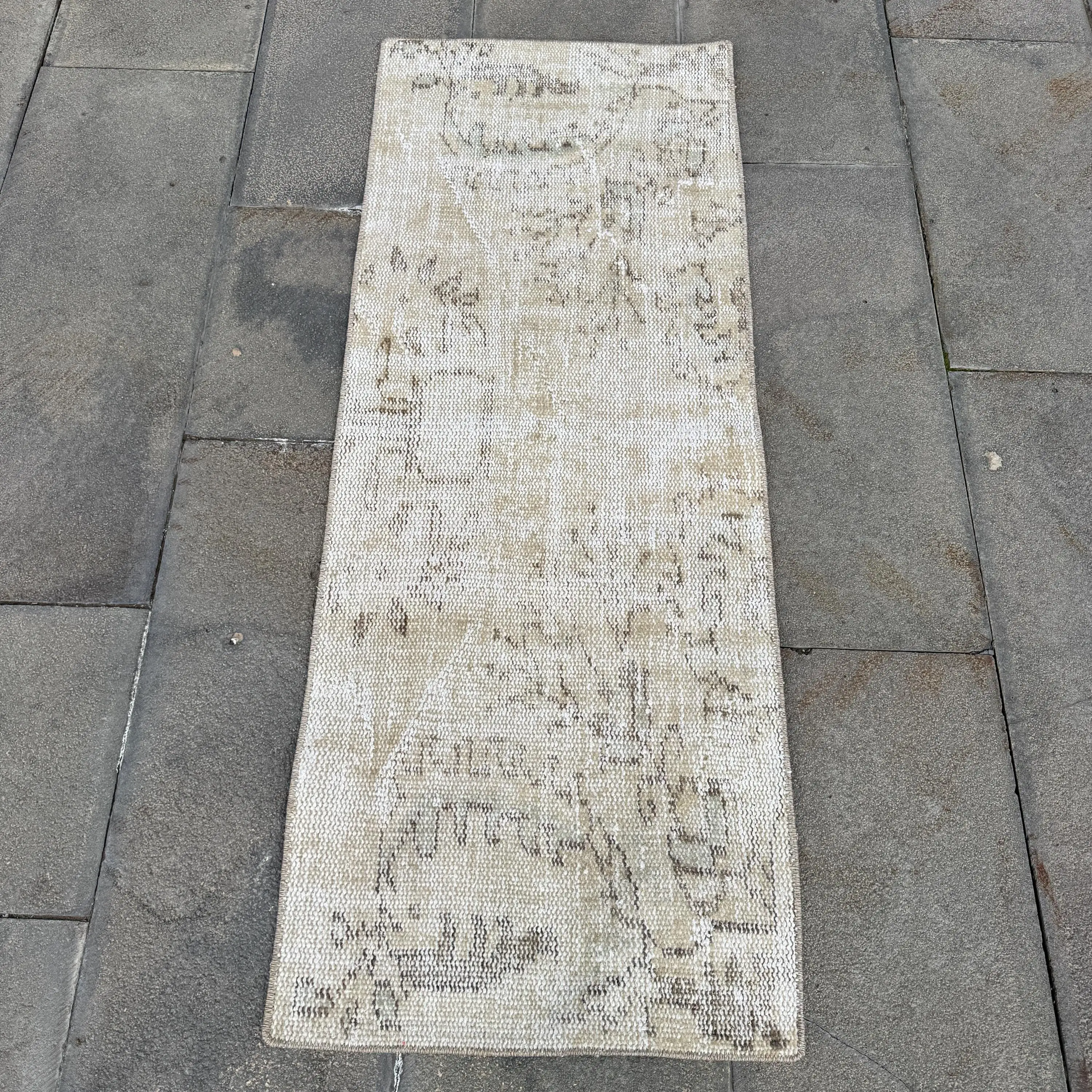Vintage Türk Halısı, 1.6x4.3 ft Halı, Beyaz Katı Yün Halı - 1