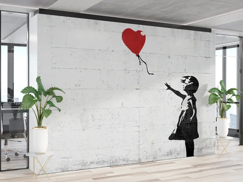 Baskılı Çağdaş Graffiti Duvar Kağıdı: Kalp Balonlu Banksy Kızı