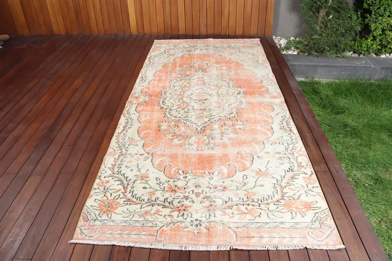 Türk 4.4x9.9 ft Halı, Vintage Büyük Halı, Turuncu Hayvan Baskı Halı - 1