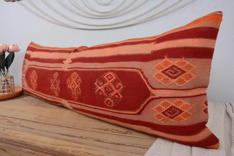 Boho Chic Pillow Cover, 16x48 Red Pillow Cover, Cushion, Boho Pillow, Rustic Pillow, Kilim Pillow, Knitted Cushion Cover, Kilim Pillow Cover - 4