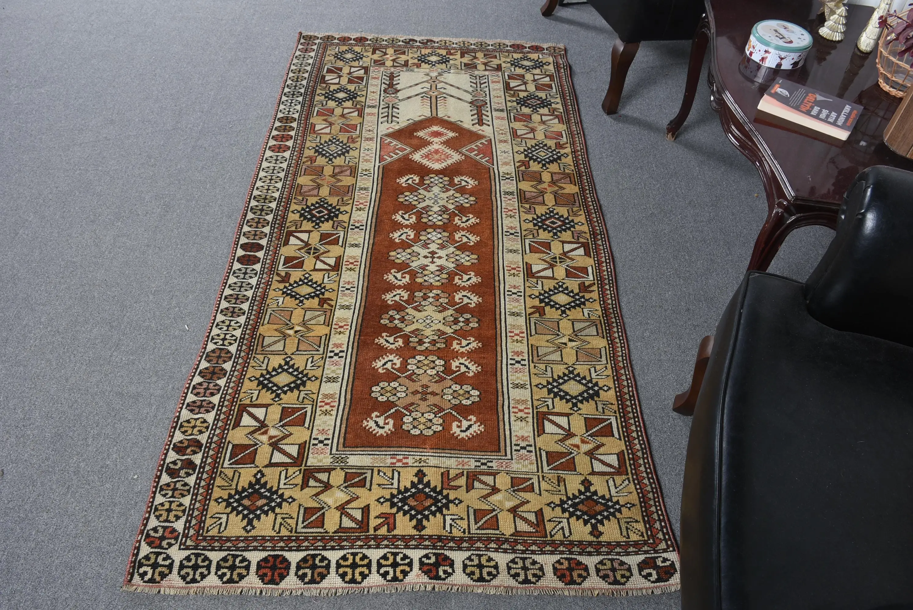 Vintage Türk Vurgulu Halı 3.3x6.6 ft, Kahverengi Bej Oryantal Halı - 1