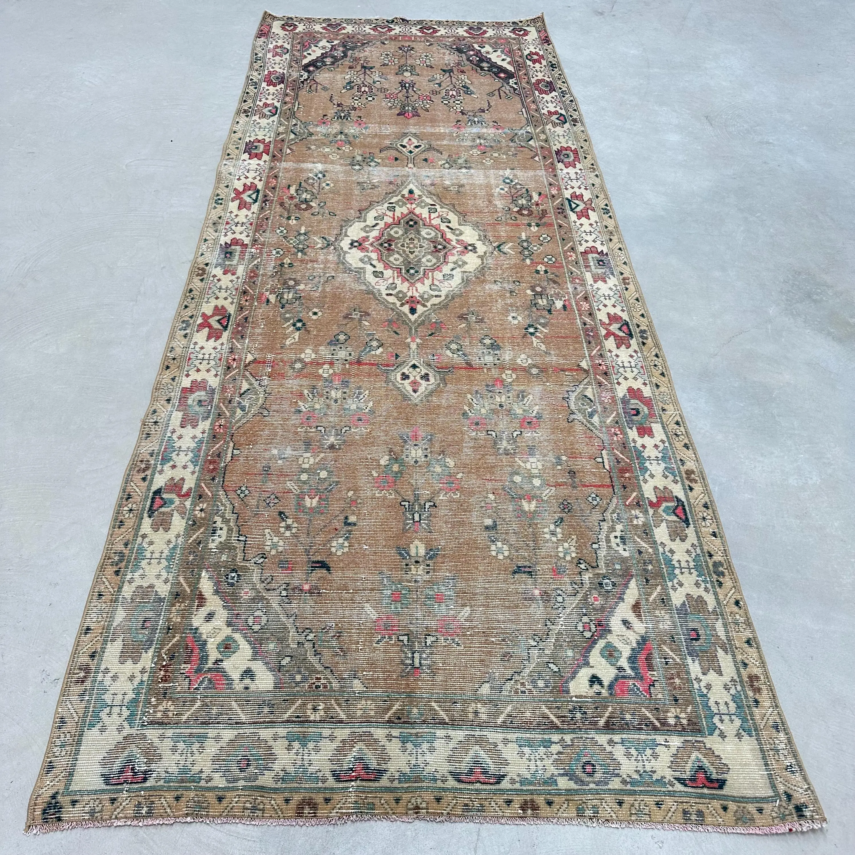 4.1x10.8 ft Turkish Rug, Brown Bordered Vintage Wool Rug - 1